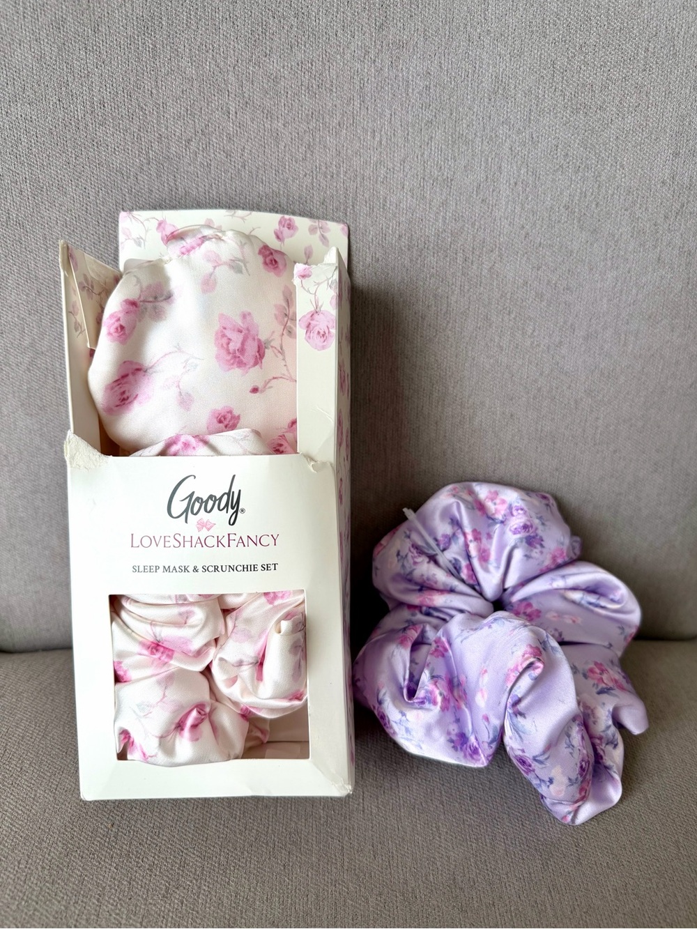 LoveShackFancy Kids Floral Satin Sleep Mask & Scrunchie Set - Pink & Lavender